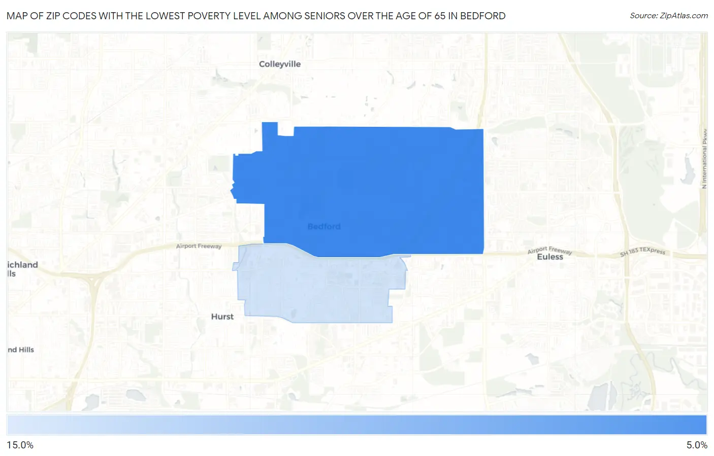 Zip Codes with the Lowest Poverty Level Among Seniors Over the Age of 65 in Bedford Map