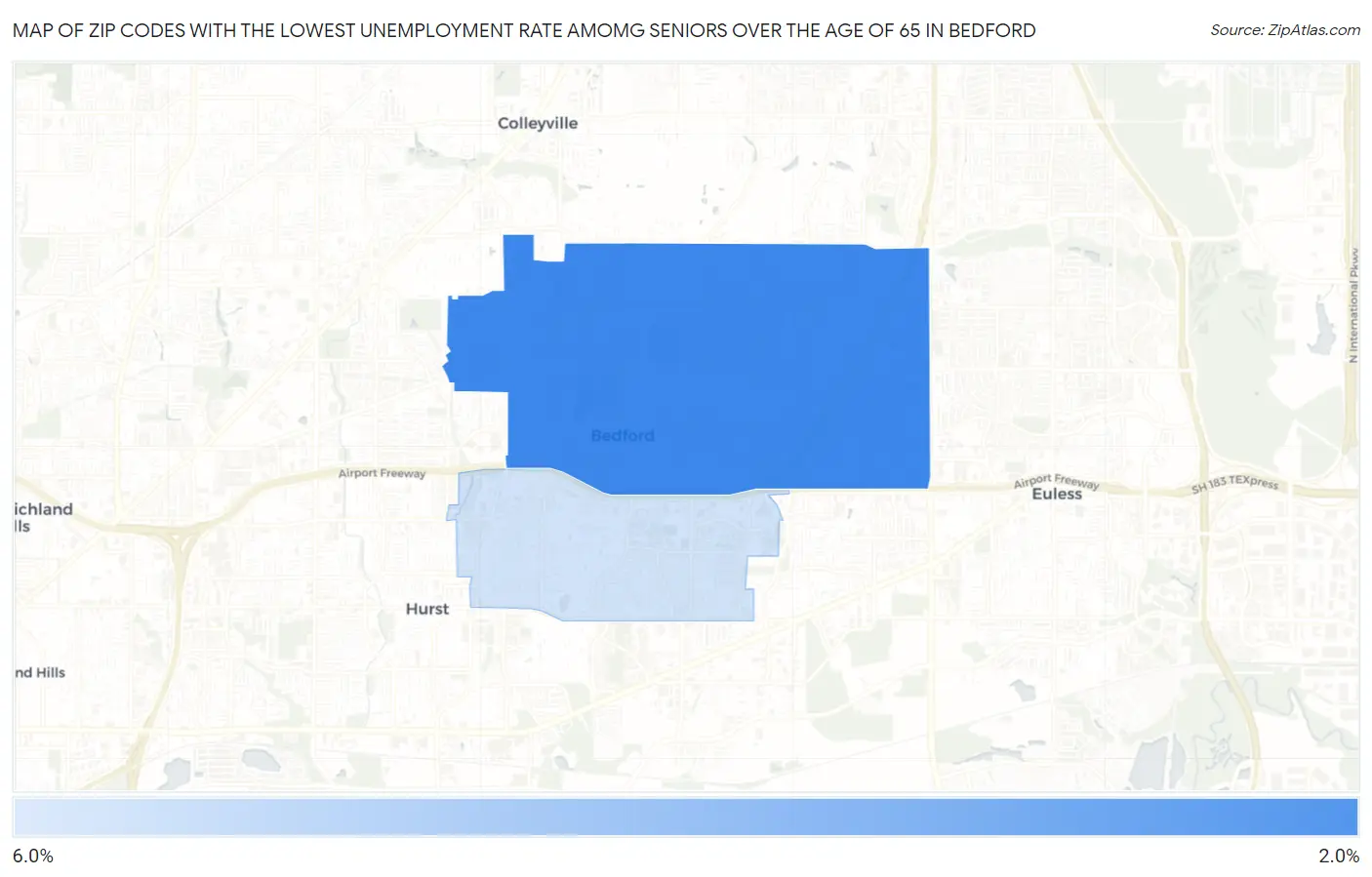 Zip Codes with the Lowest Unemployment Rate Amomg Seniors Over the Age of 65 in Bedford Map