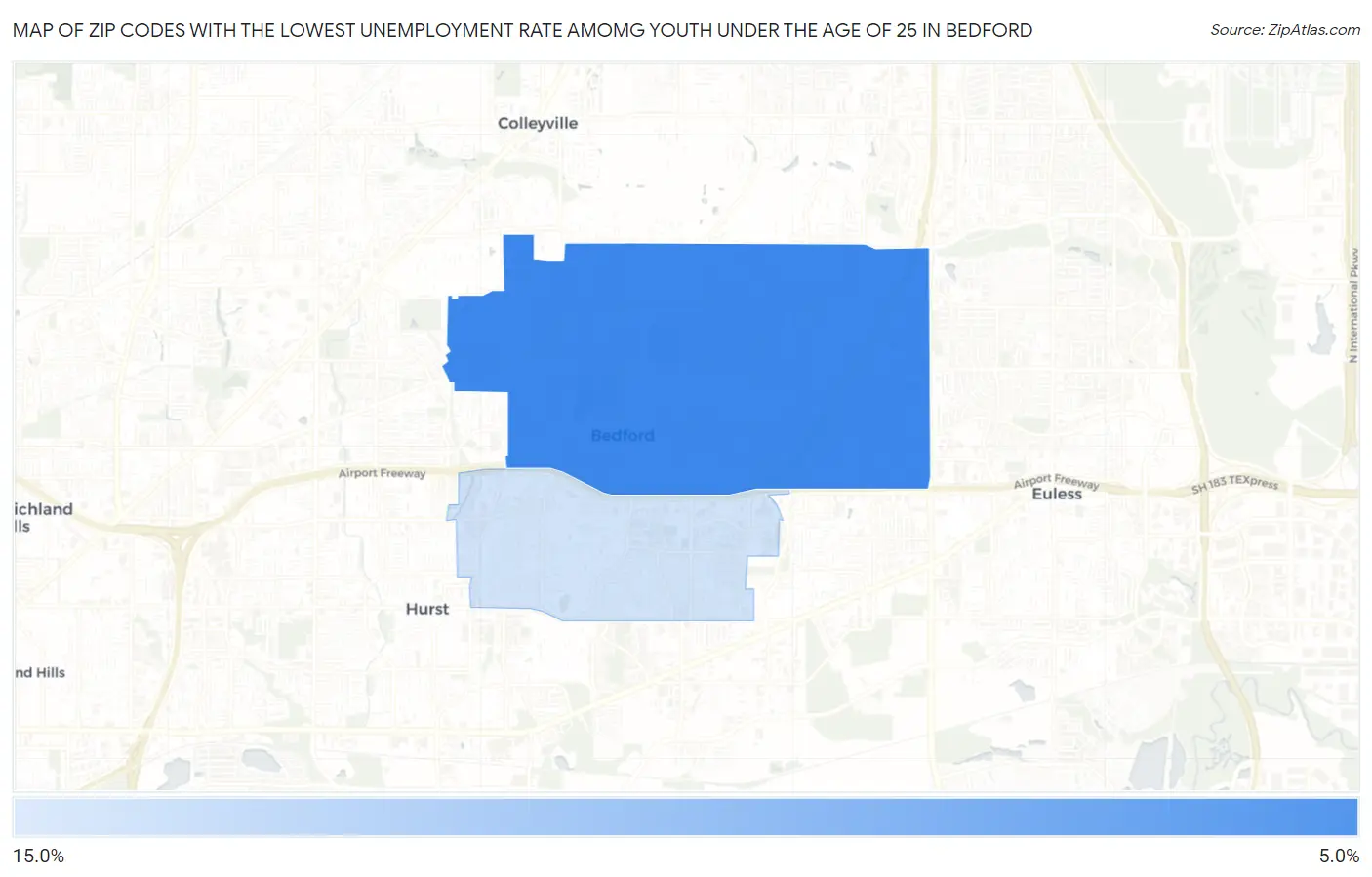Zip Codes with the Lowest Unemployment Rate Amomg Youth Under the Age of 25 in Bedford Map