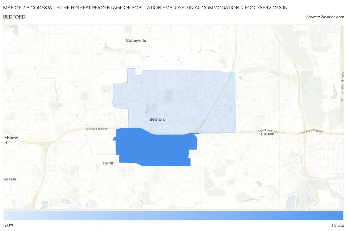 Zip Codes with the Highest Percentage of Population Employed in Accommodation & Food Services in Bedford Map