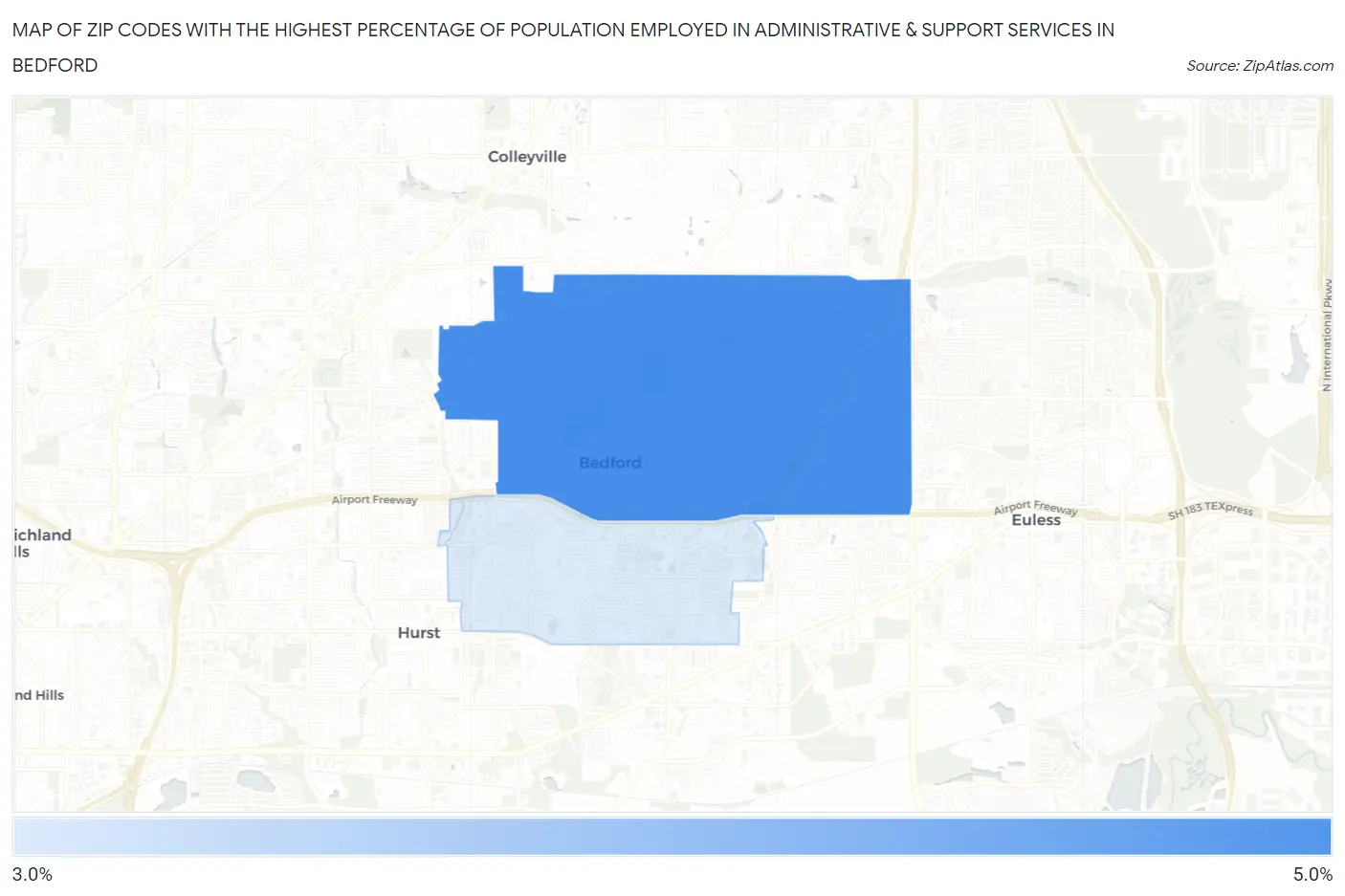 Zip Codes with the Highest Percentage of Population Employed in Administrative & Support Services in Bedford Map