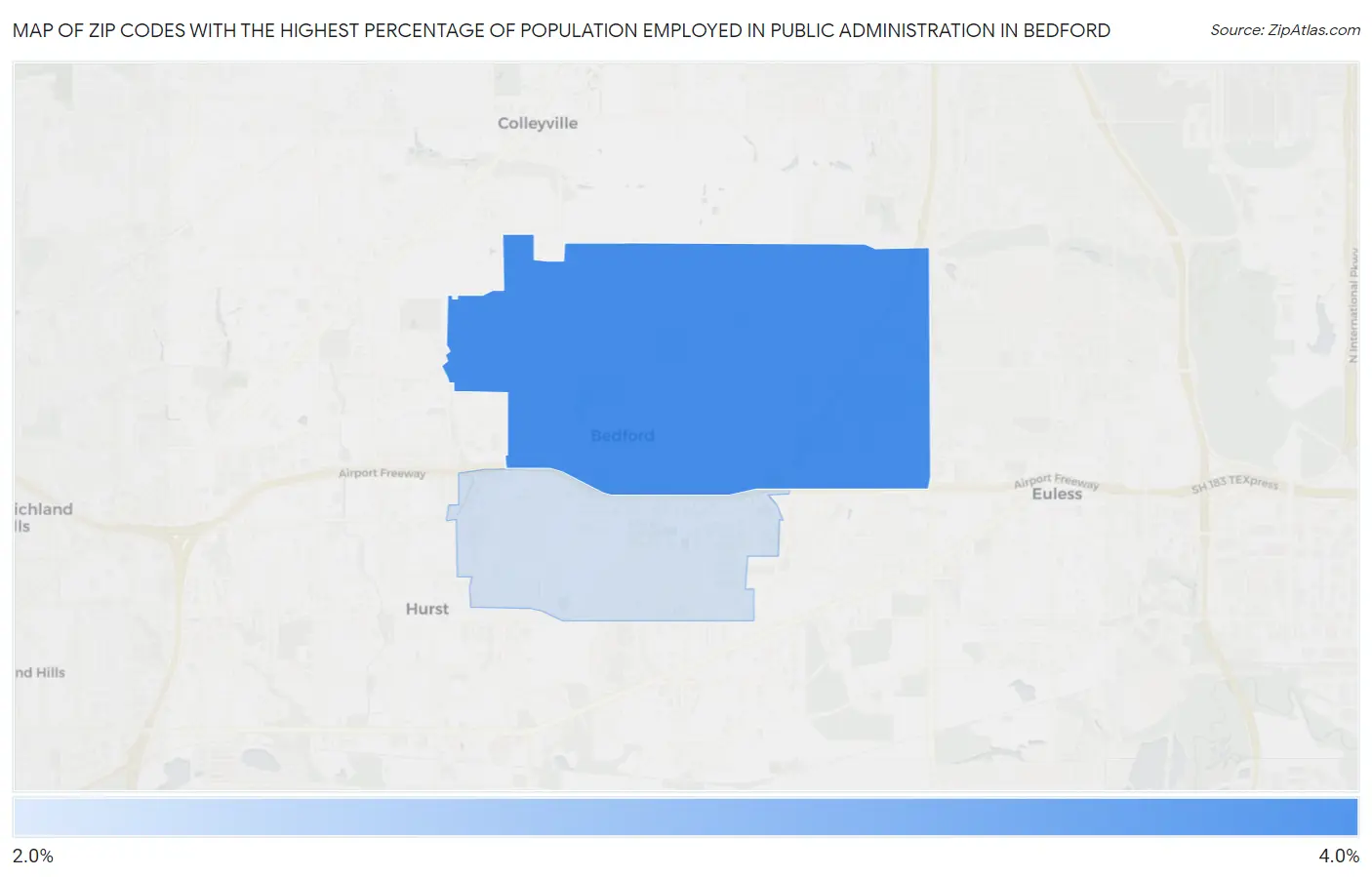 Zip Codes with the Highest Percentage of Population Employed in Public Administration in Bedford Map