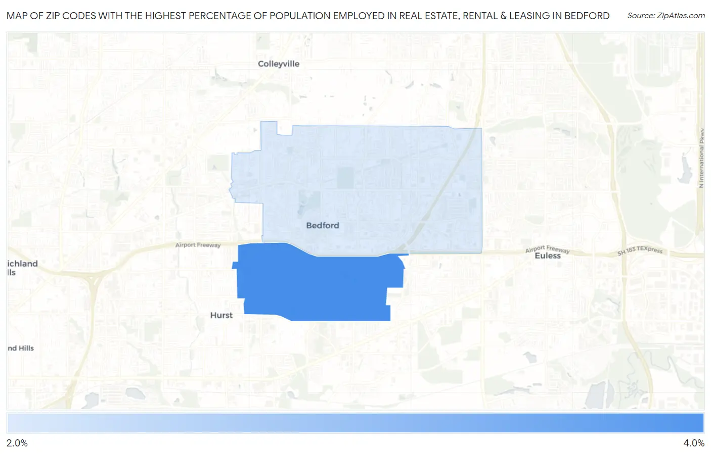 Zip Codes with the Highest Percentage of Population Employed in Real Estate, Rental & Leasing in Bedford Map
