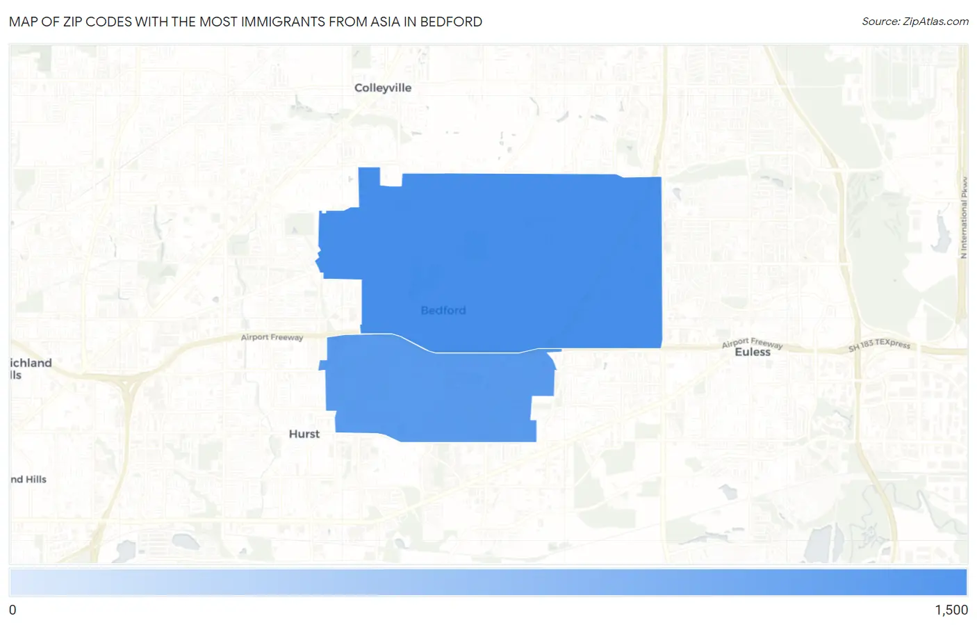 Zip Codes with the Most Immigrants from Asia in Bedford Map