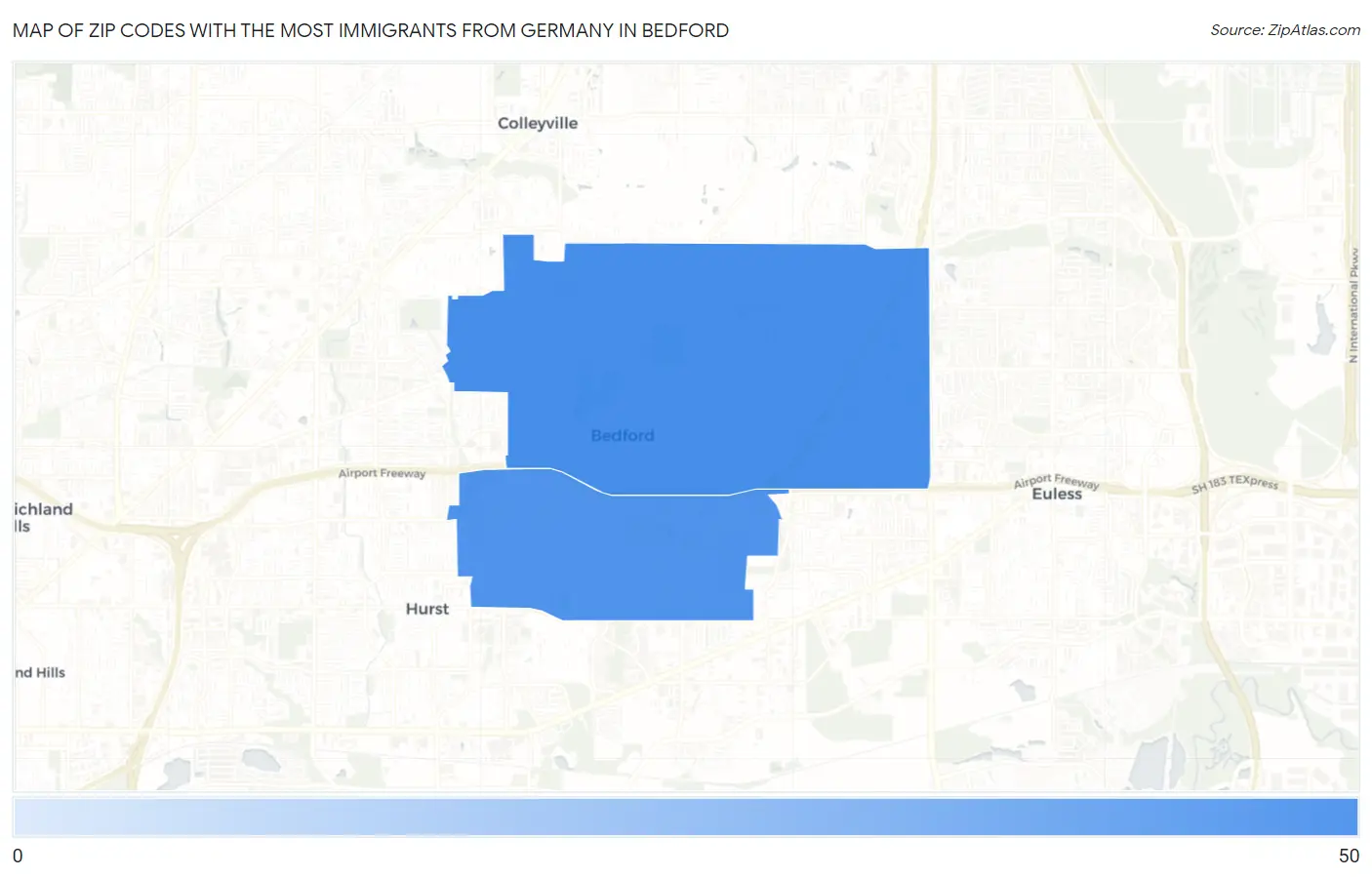 Zip Codes with the Most Immigrants from Germany in Bedford Map