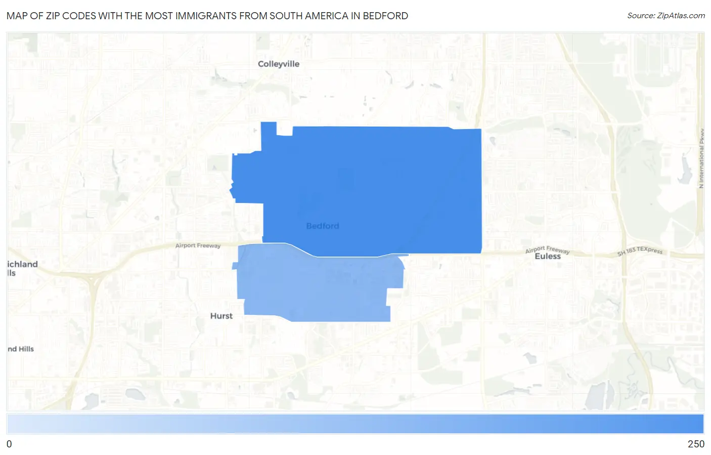 Zip Codes with the Most Immigrants from South America in Bedford Map