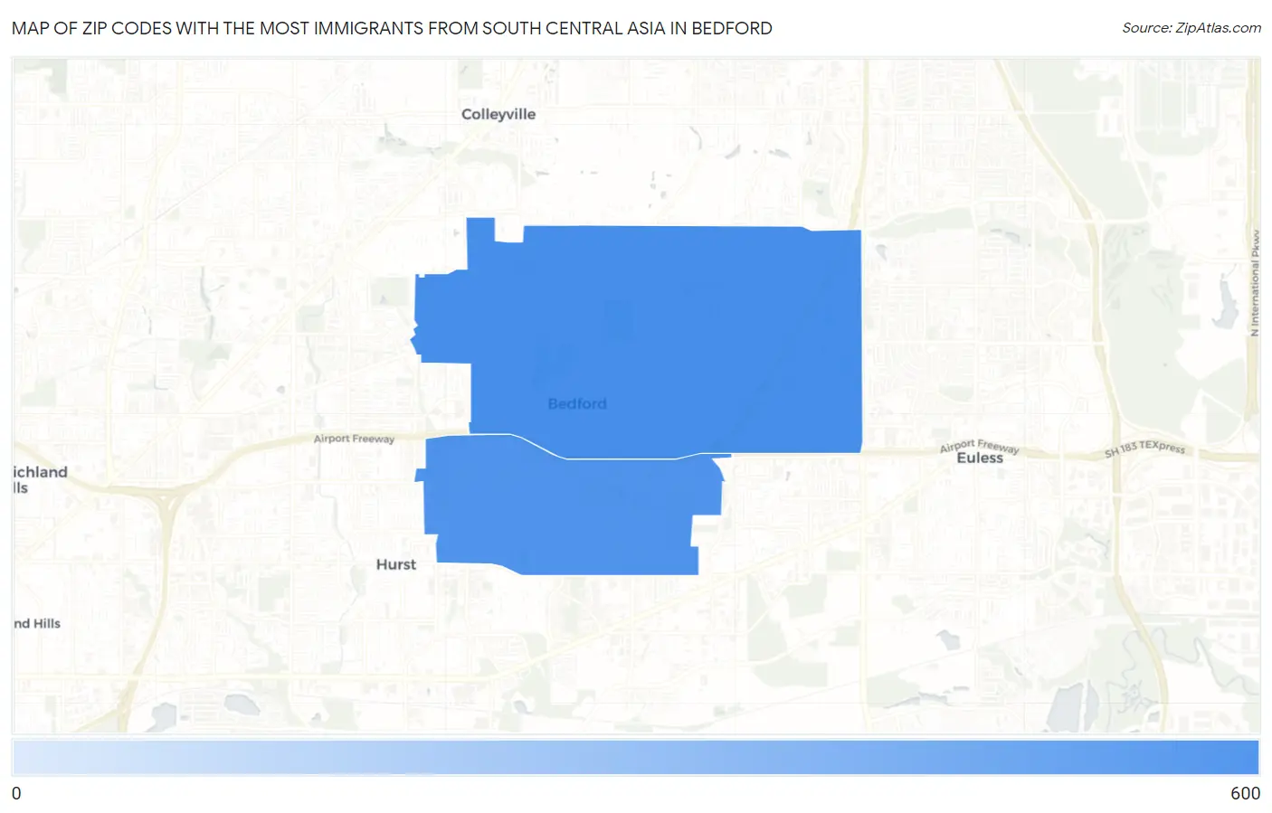 Zip Codes with the Most Immigrants from South Central Asia in Bedford Map