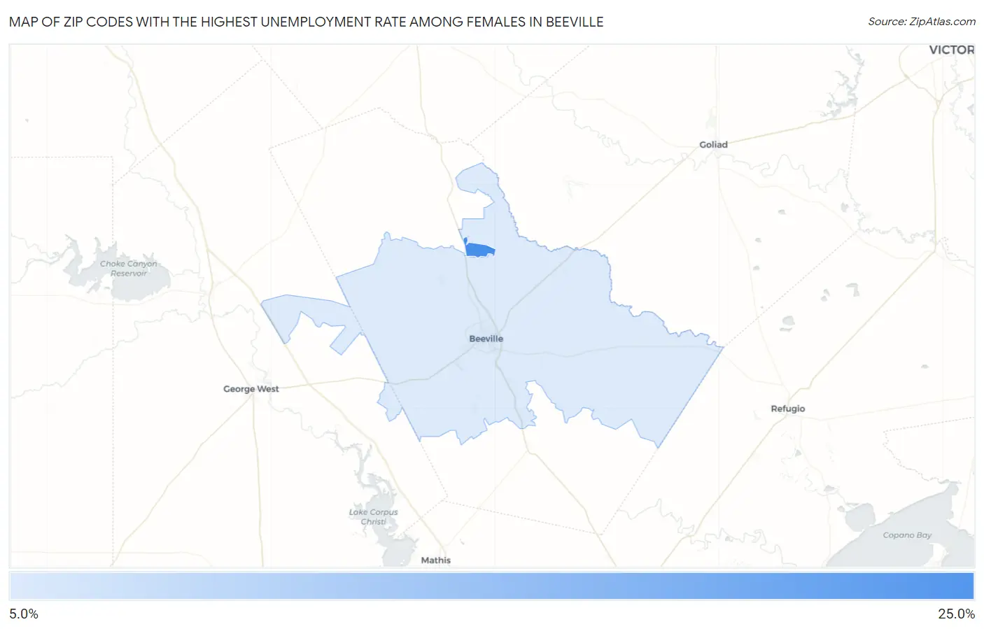 Zip Codes with the Highest Unemployment Rate Among Females in Beeville Map