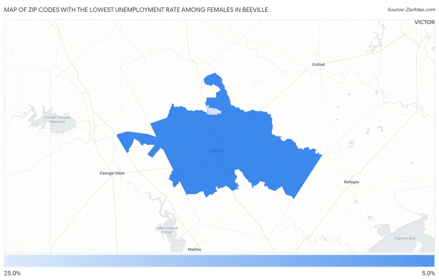Zip Codes with the Lowest Unemployment Rate Among Females in Beeville Map