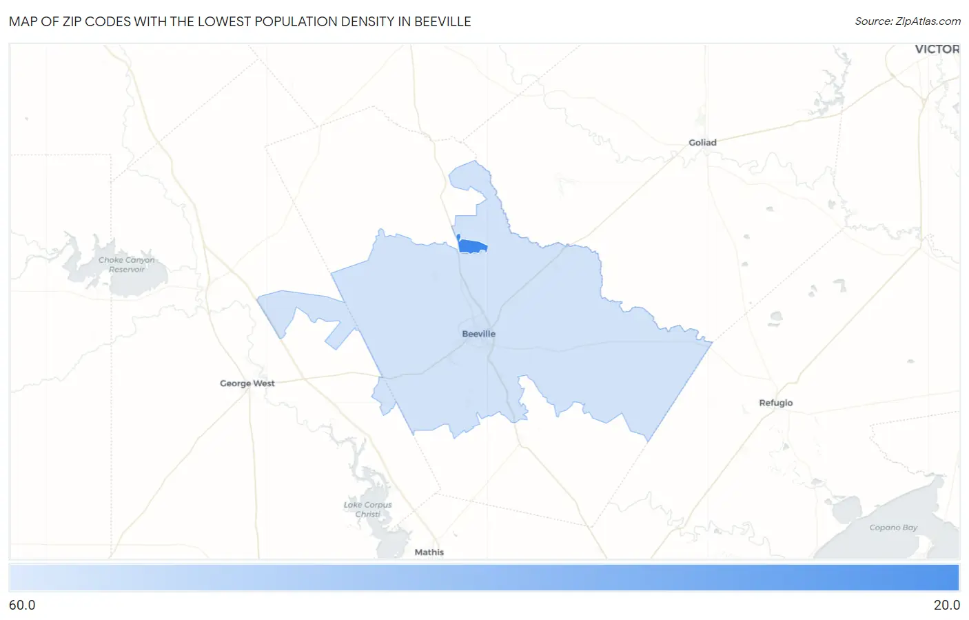 Zip Codes with the Lowest Population Density in Beeville Map
