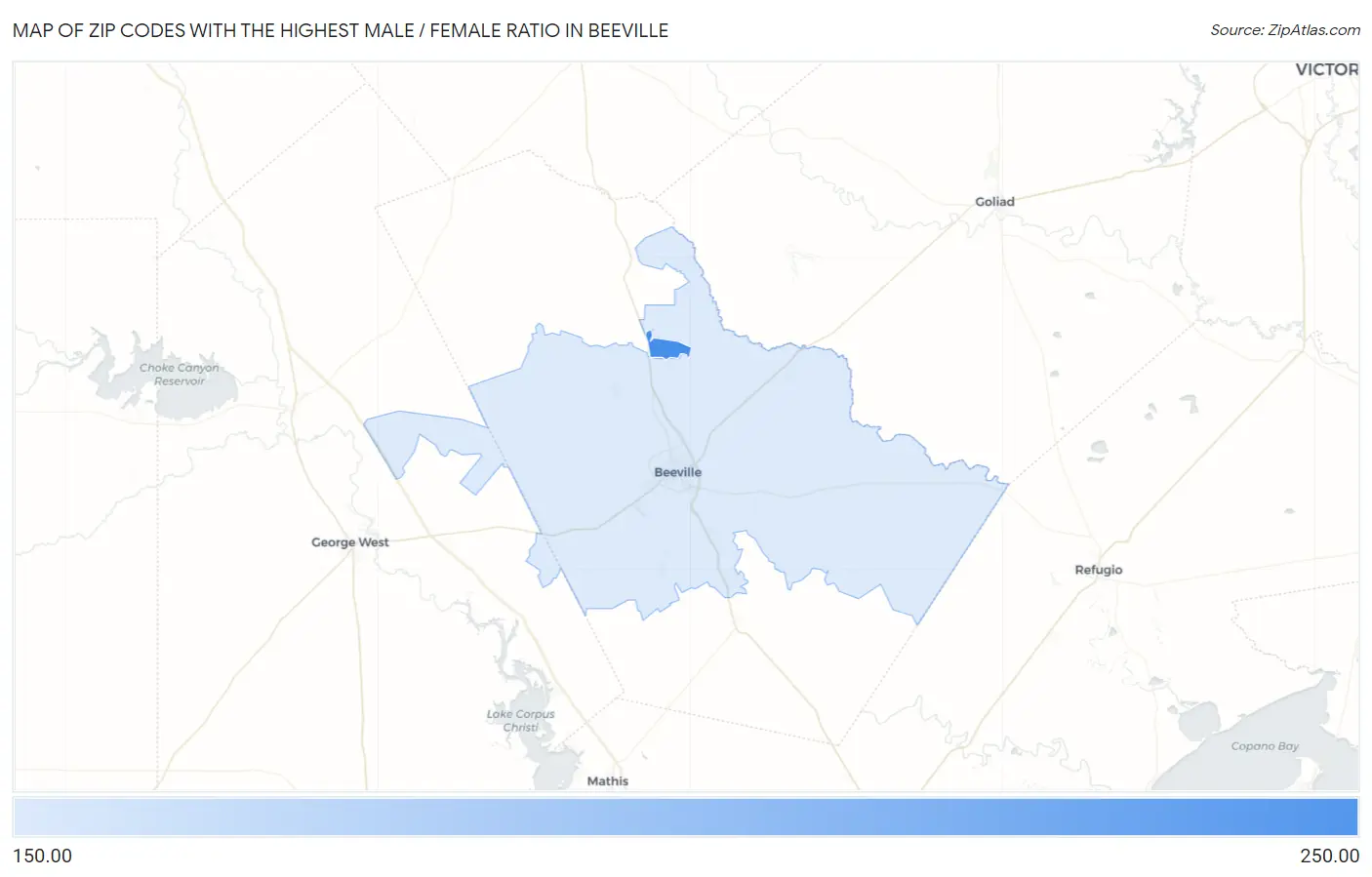 Zip Codes with the Highest Male / Female Ratio in Beeville Map
