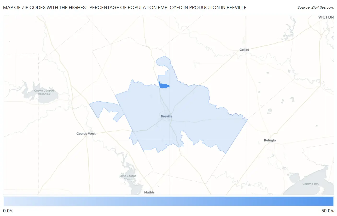 Zip Codes with the Highest Percentage of Population Employed in Production in Beeville Map