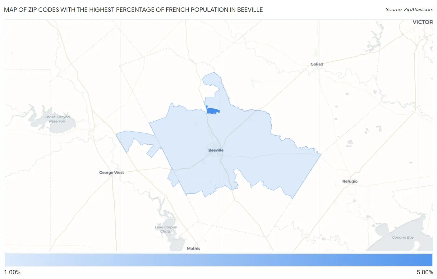 Zip Codes with the Highest Percentage of French Population in Beeville Map