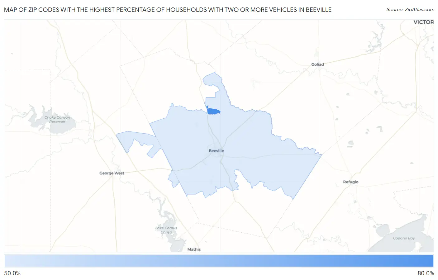 Zip Codes with the Highest Percentage of Households With Two or more Vehicles in Beeville Map