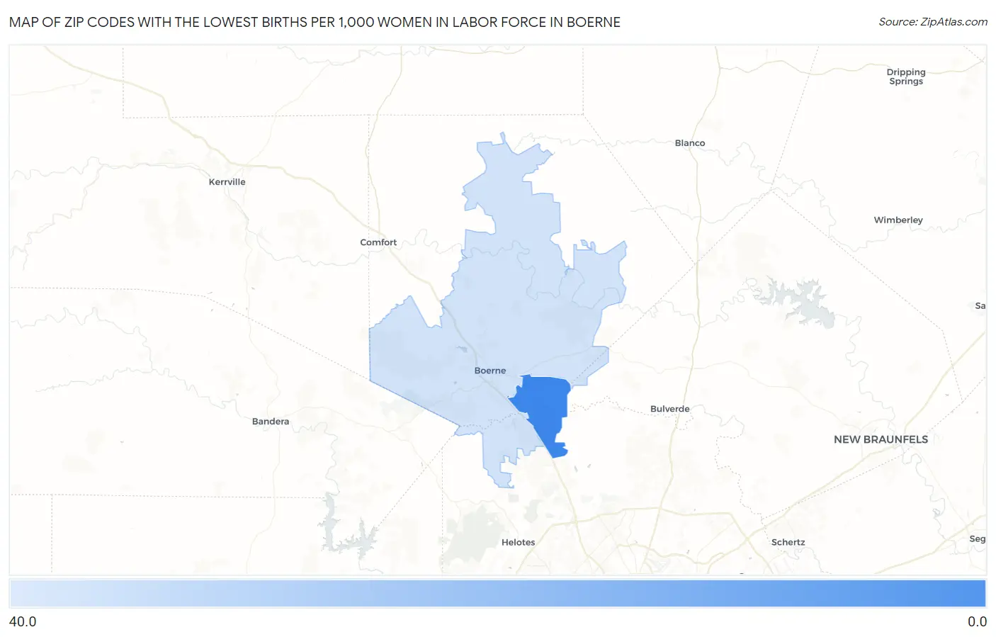 Zip Codes with the Lowest Births per 1,000 Women in Labor Force in Boerne Map