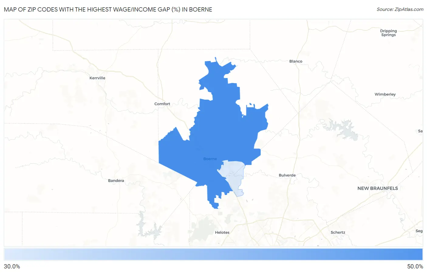 Zip Codes with the Highest Wage/Income Gap (%) in Boerne Map