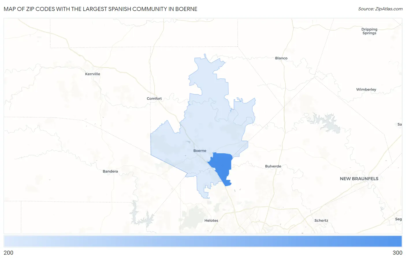 Zip Codes with the Largest Spanish Community in Boerne Map