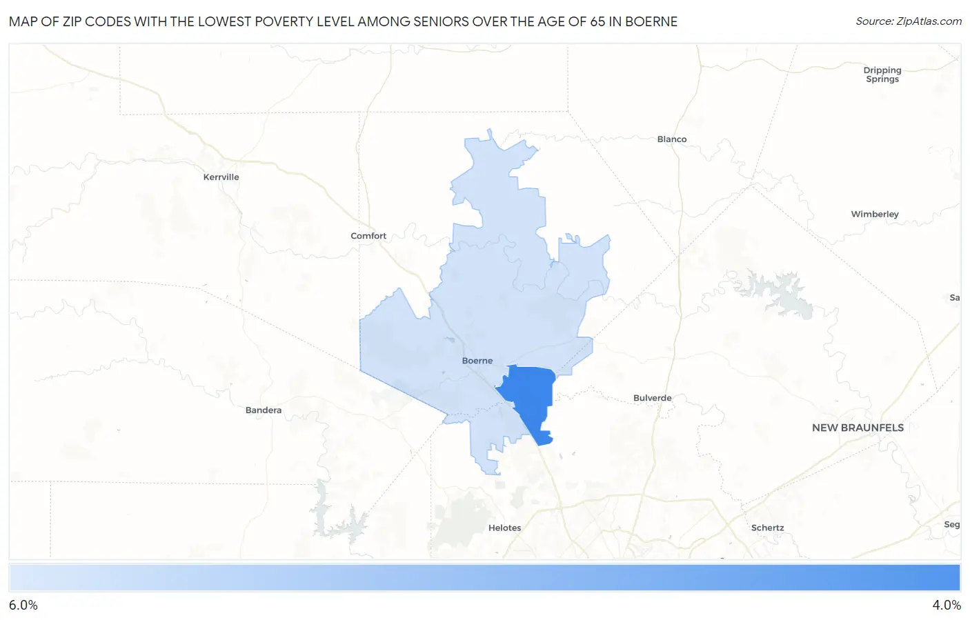 Zip Codes with the Lowest Poverty Level Among Seniors Over the Age of 65 in Boerne Map