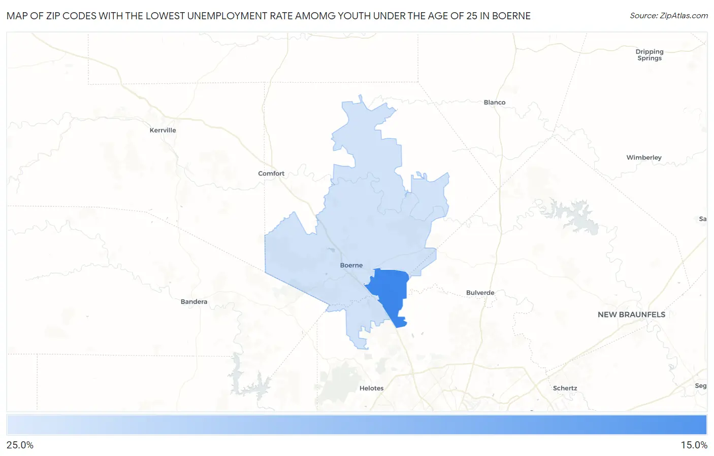 Zip Codes with the Lowest Unemployment Rate Amomg Youth Under the Age of 25 in Boerne Map