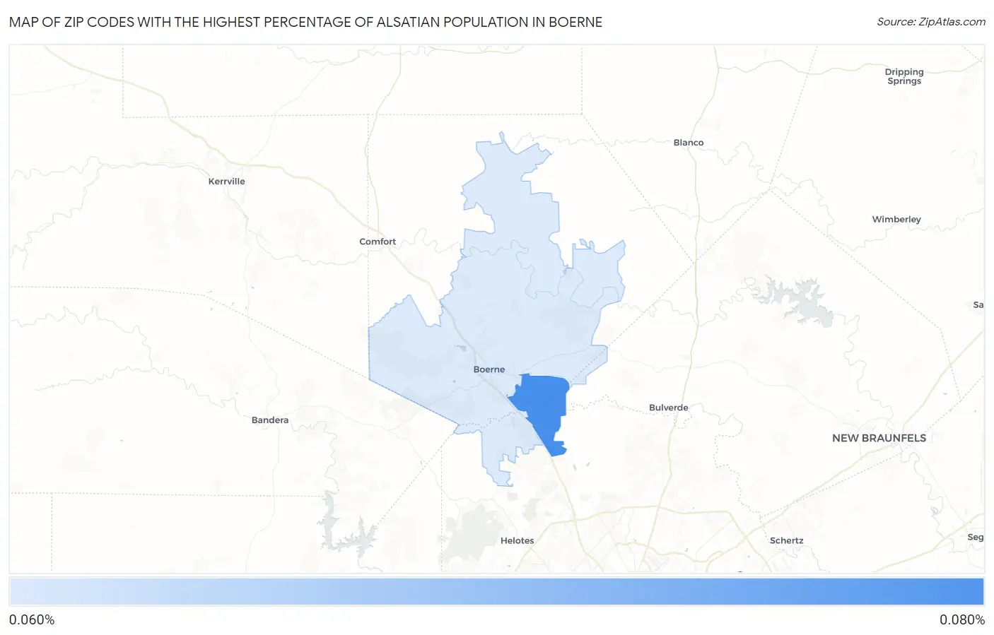 Zip Codes with the Highest Percentage of Alsatian Population in Boerne Map