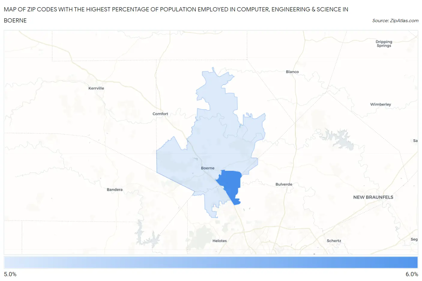Zip Codes with the Highest Percentage of Population Employed in Computer, Engineering & Science in Boerne Map