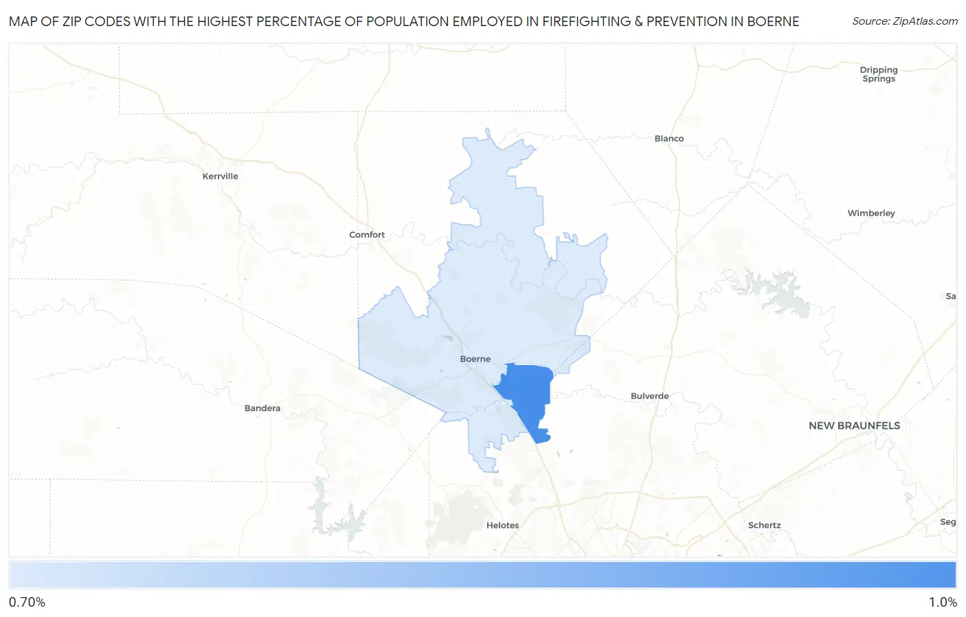 Zip Codes with the Highest Percentage of Population Employed in Firefighting & Prevention in Boerne Map