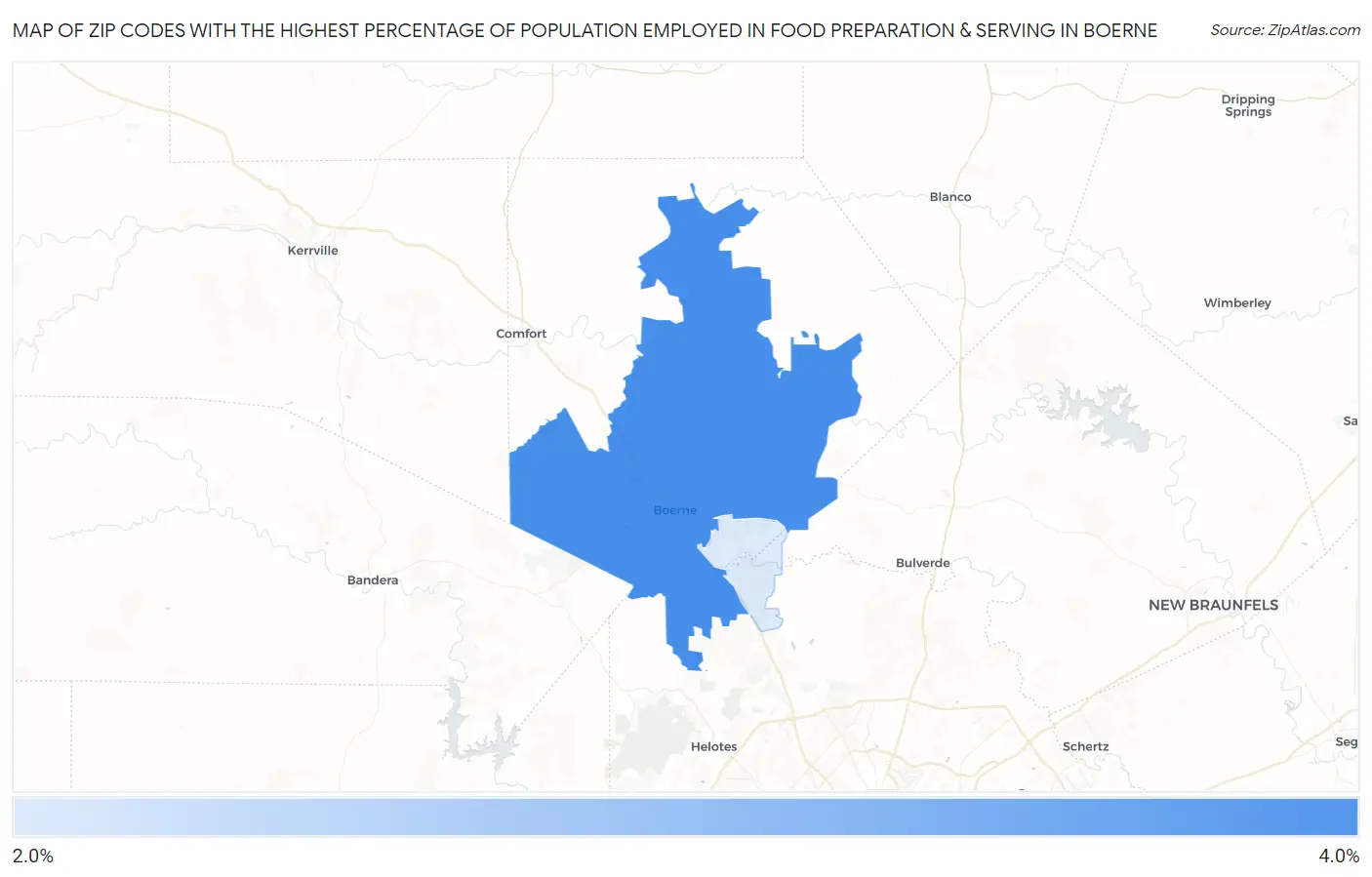 Zip Codes with the Highest Percentage of Population Employed in Food Preparation & Serving in Boerne Map