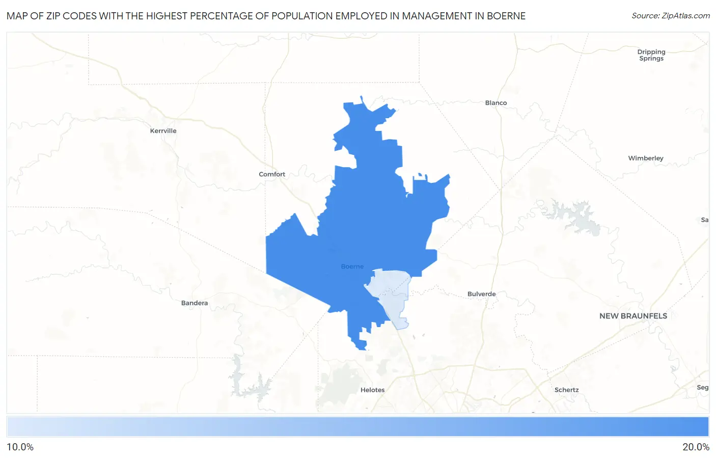 Zip Codes with the Highest Percentage of Population Employed in Management in Boerne Map
