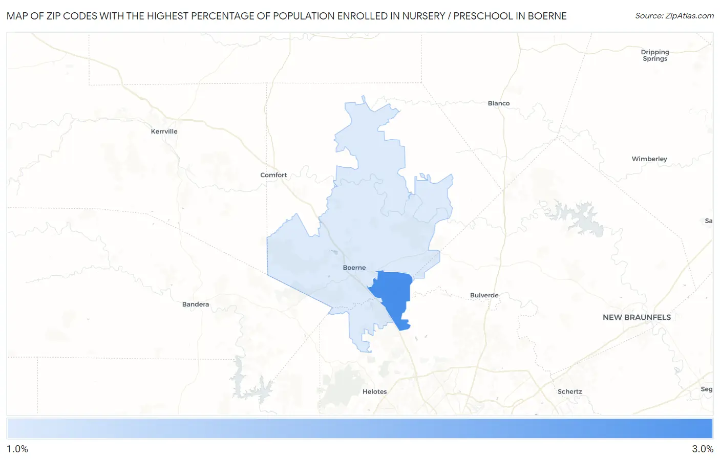 Zip Codes with the Highest Percentage of Population Enrolled in Nursery / Preschool in Boerne Map