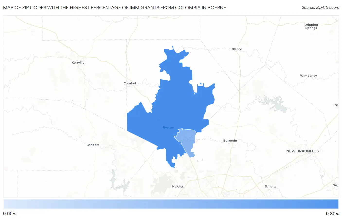 Zip Codes with the Highest Percentage of Immigrants from Colombia in Boerne Map