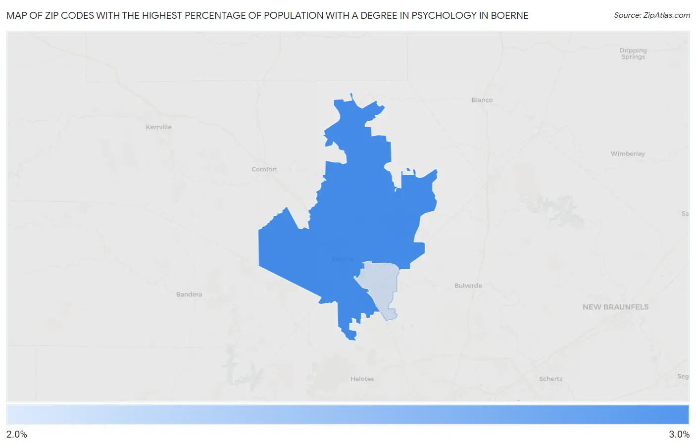 Zip Codes with the Highest Percentage of Population with a Degree in Psychology in Boerne Map