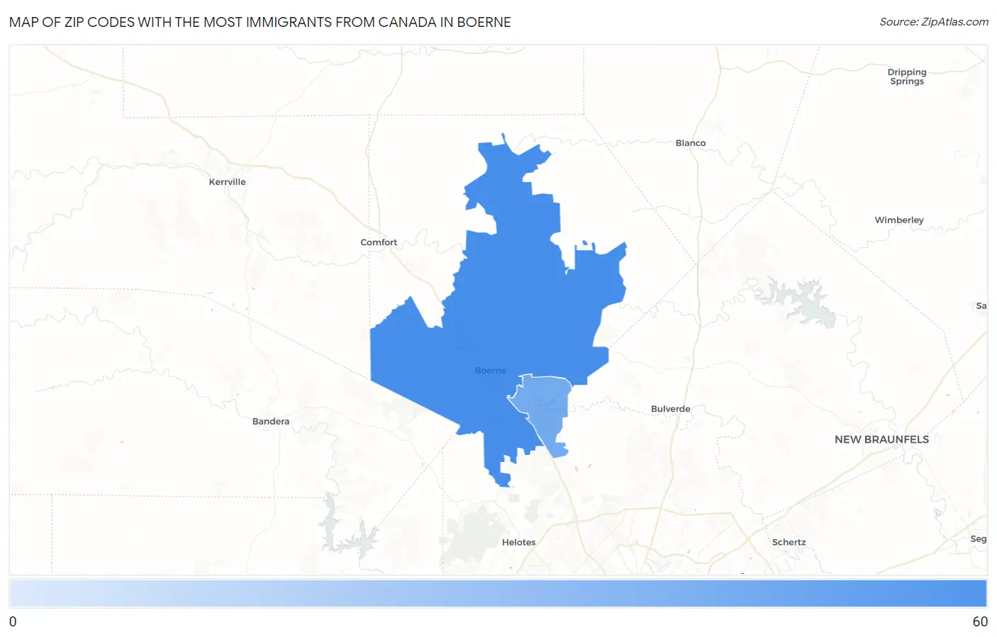 Zip Codes with the Most Immigrants from Canada in Boerne Map