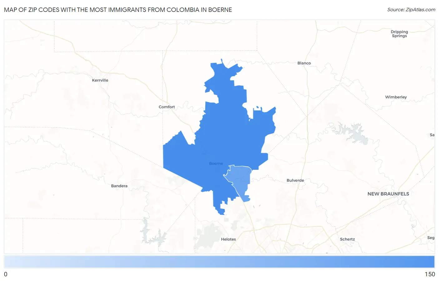 Zip Codes with the Most Immigrants from Colombia in Boerne Map
