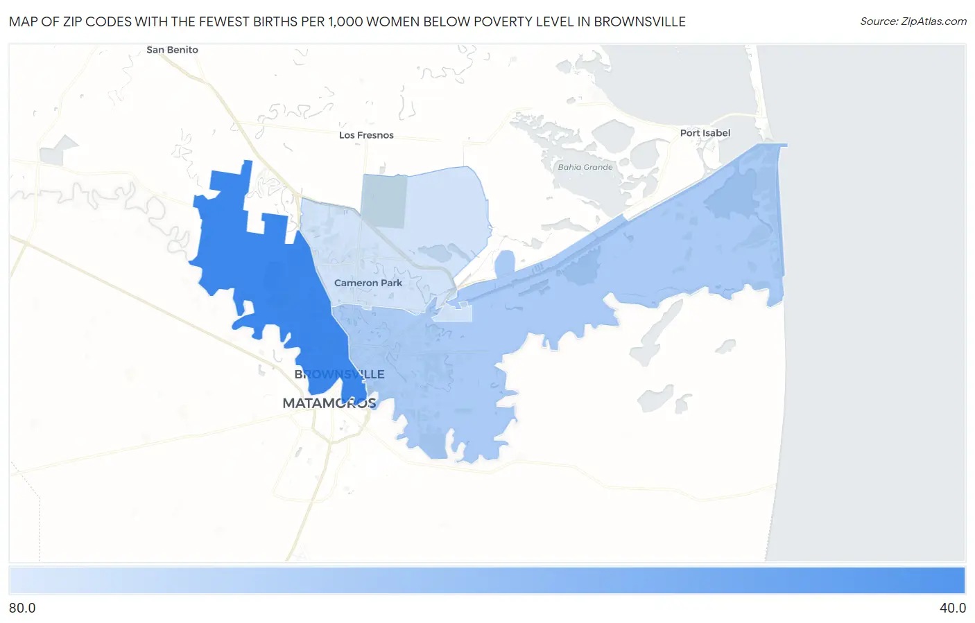 Zip Codes with the Fewest Births per 1,000 Women Below Poverty Level in Brownsville Map