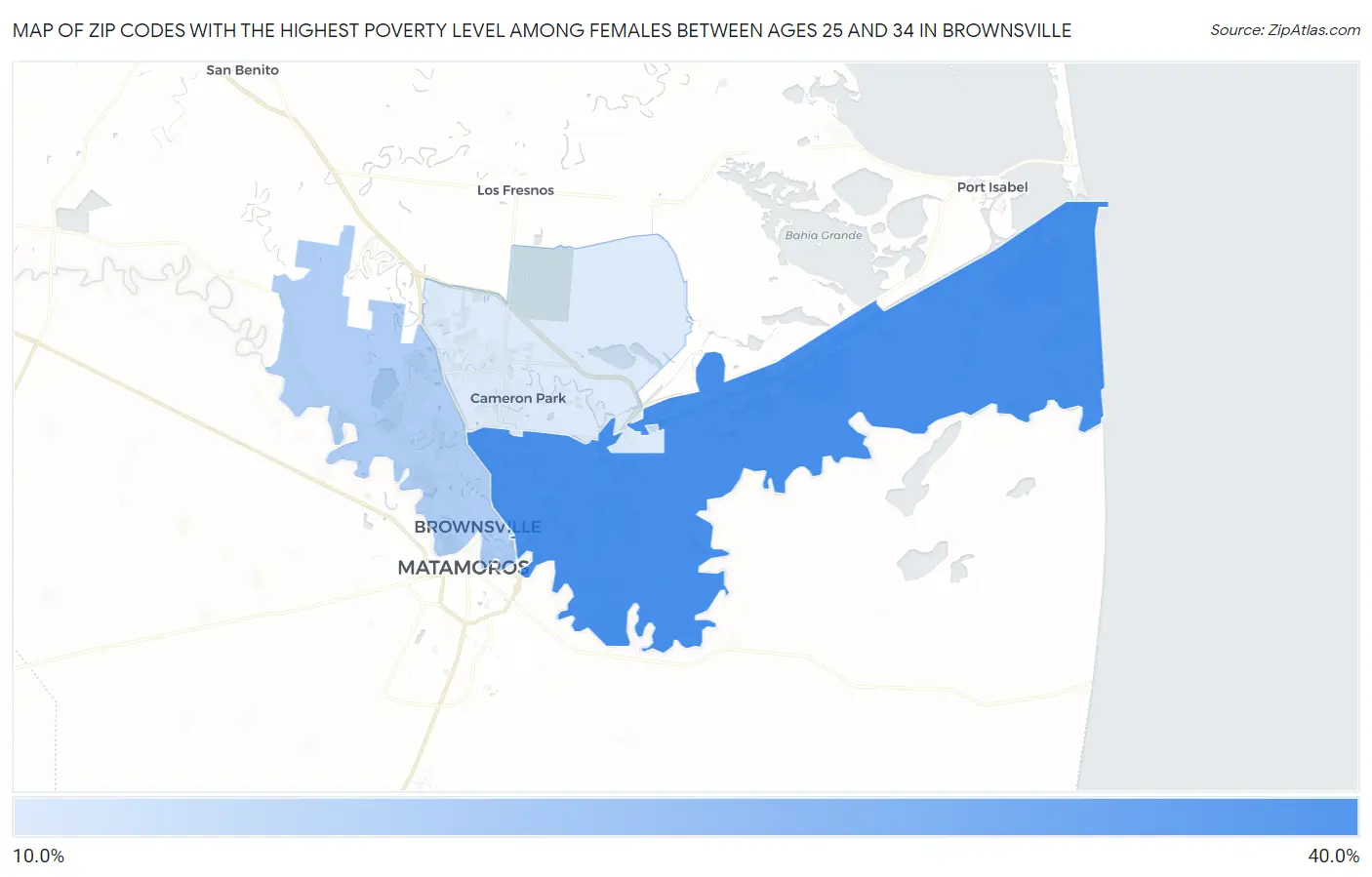 Zip Codes with the Highest Poverty Level Among Females Between Ages 25 and 34 in Brownsville Map