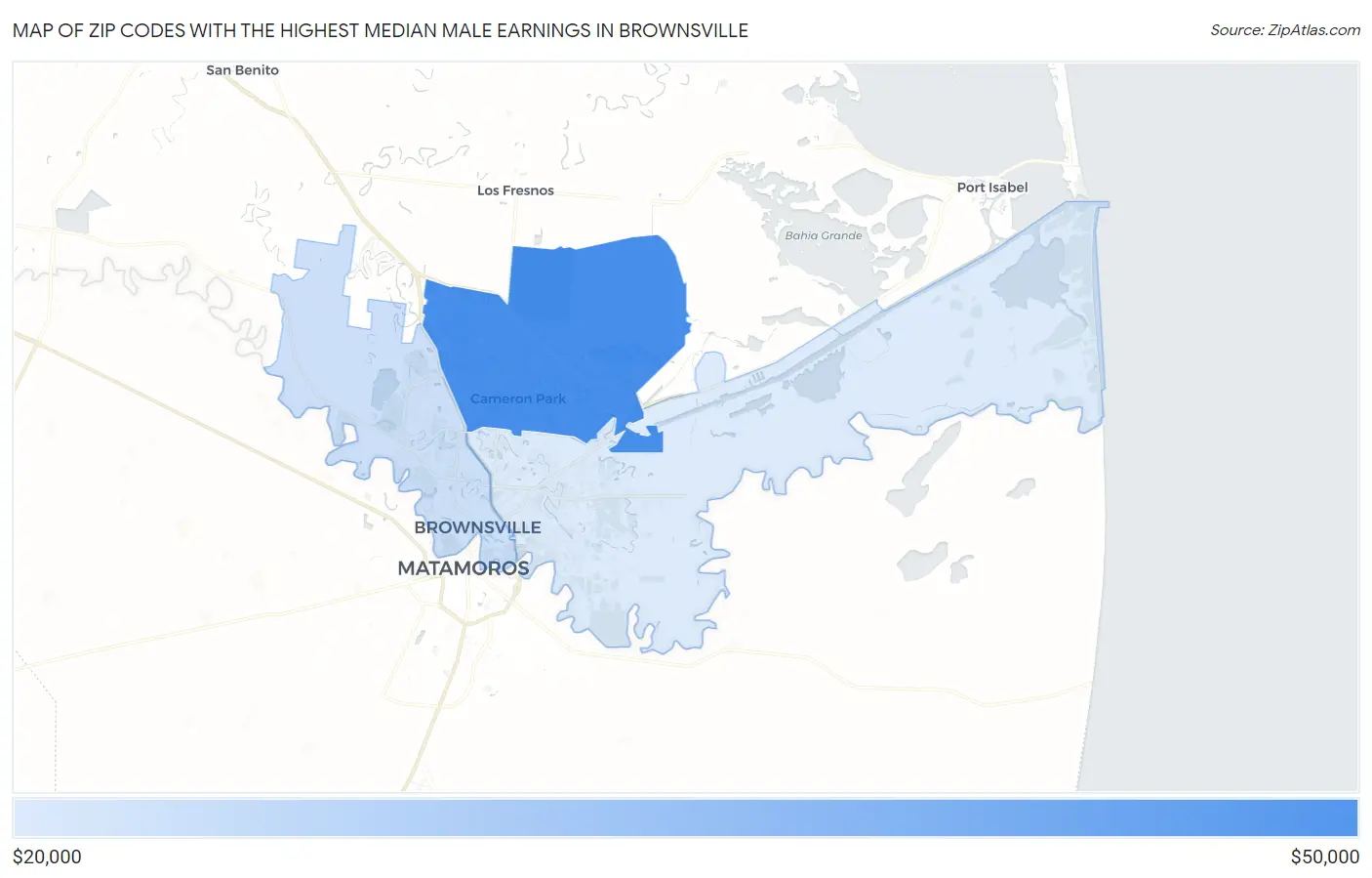Zip Codes with the Highest Median Male Earnings in Brownsville Map