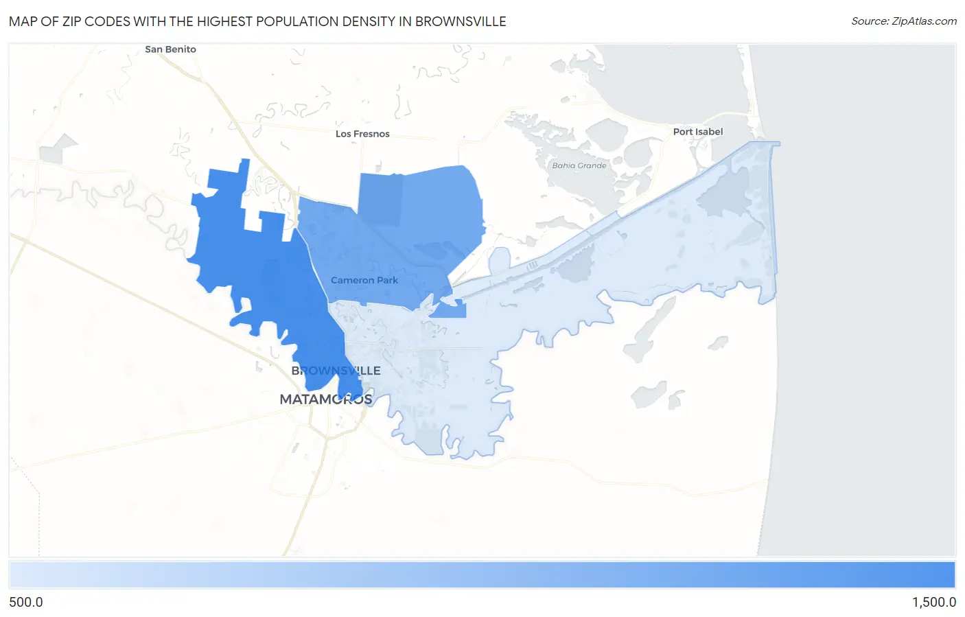 Zip Codes with the Highest Population Density in Brownsville Map