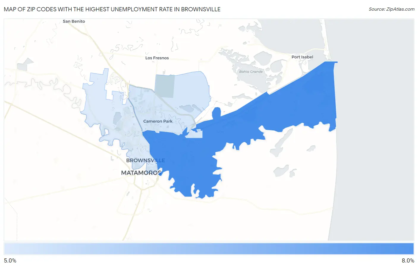 Zip Codes with the Highest Unemployment Rate in Brownsville Map