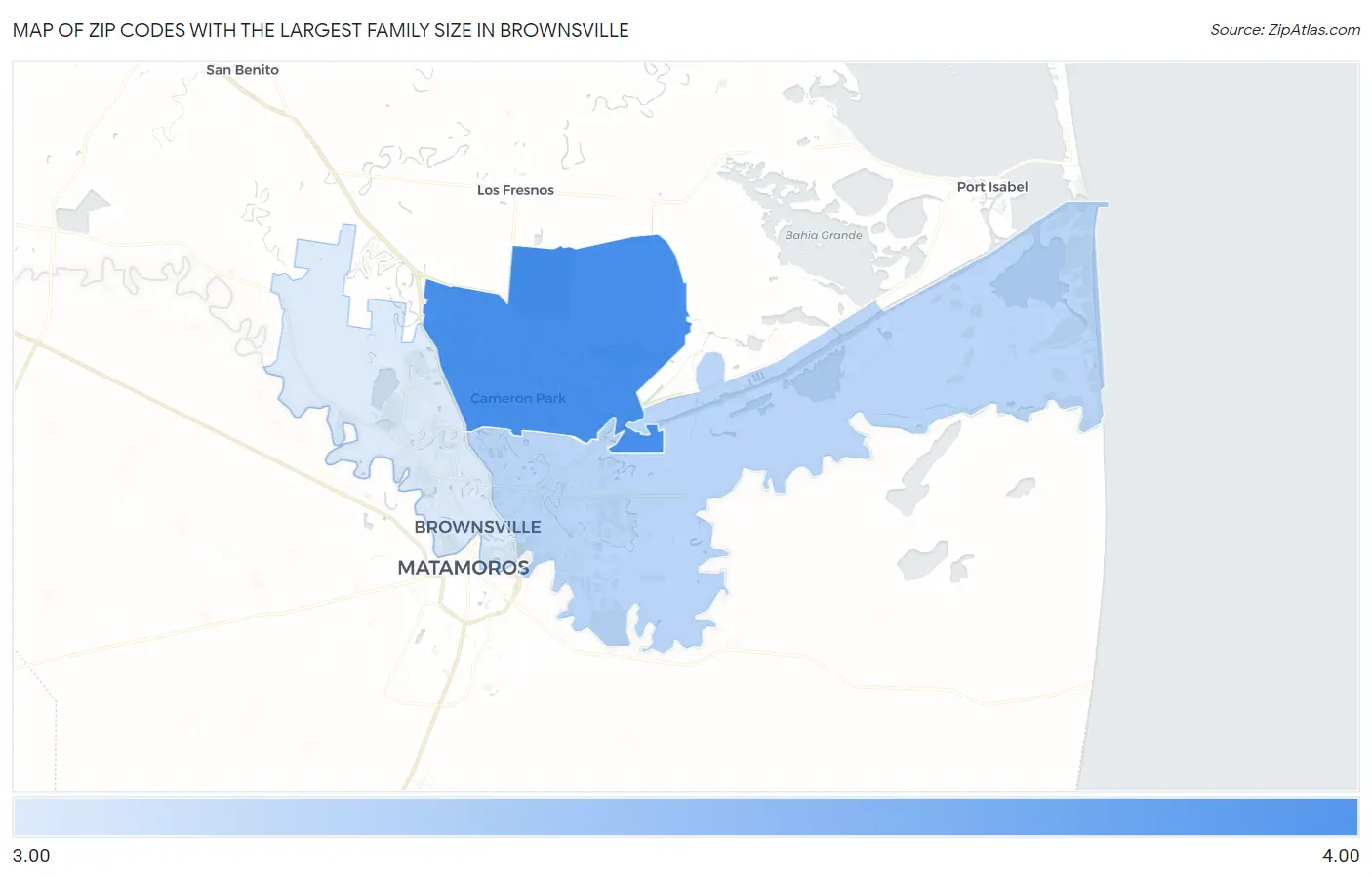 Zip Codes with the Largest Family Size in Brownsville Map