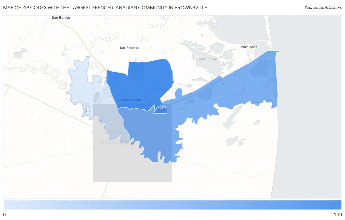Zip Codes with the Largest French Canadian Community in Brownsville Map