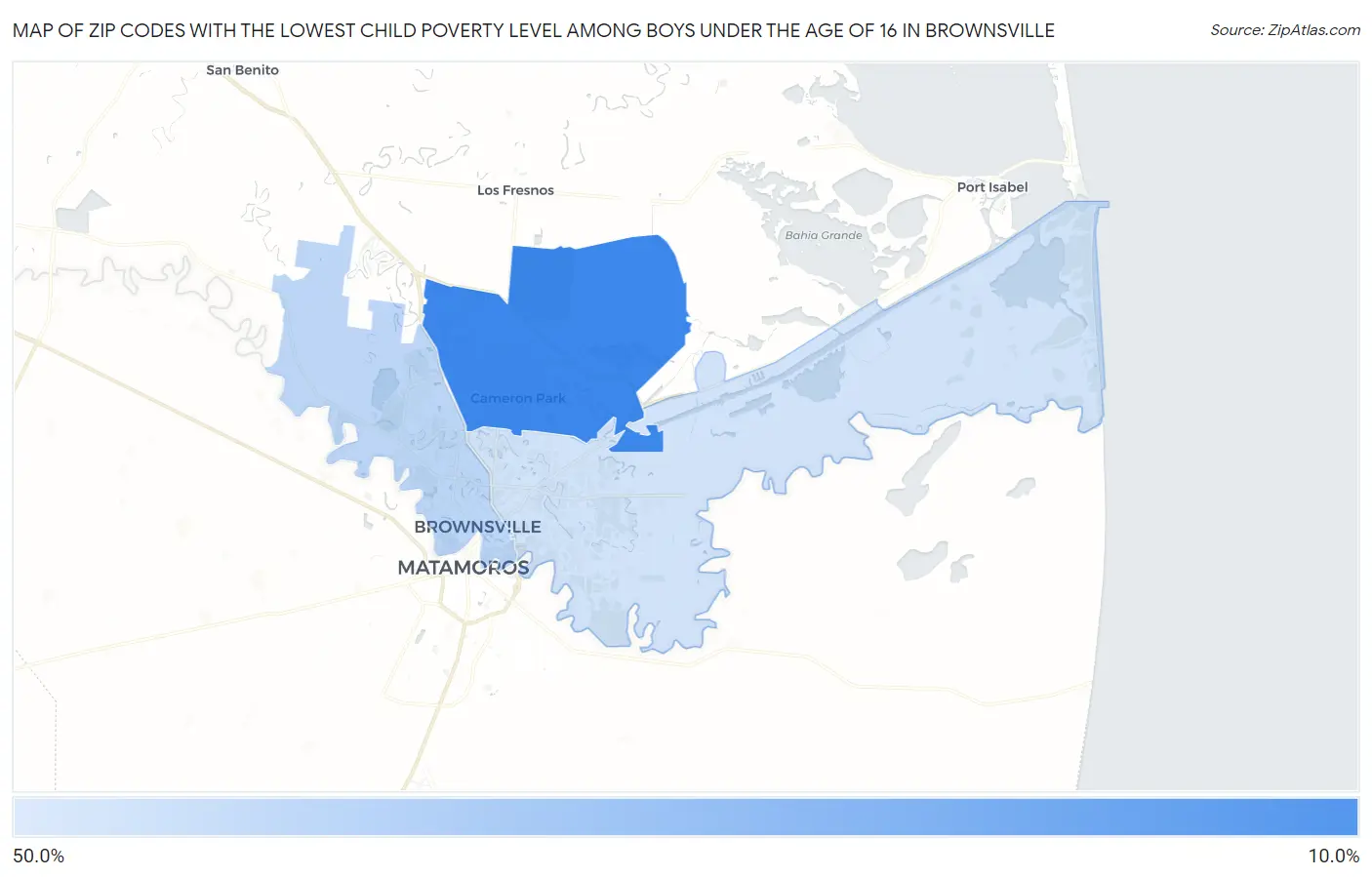 Zip Codes with the Lowest Child Poverty Level Among Boys Under the Age of 16 in Brownsville Map