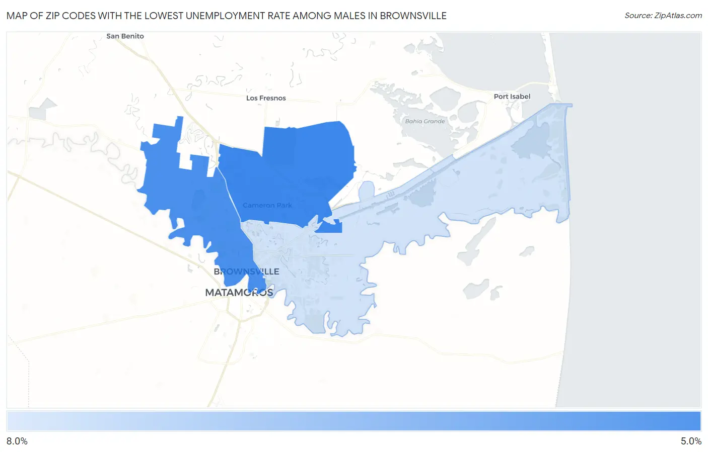 Zip Codes with the Lowest Unemployment Rate Among Males in Brownsville Map