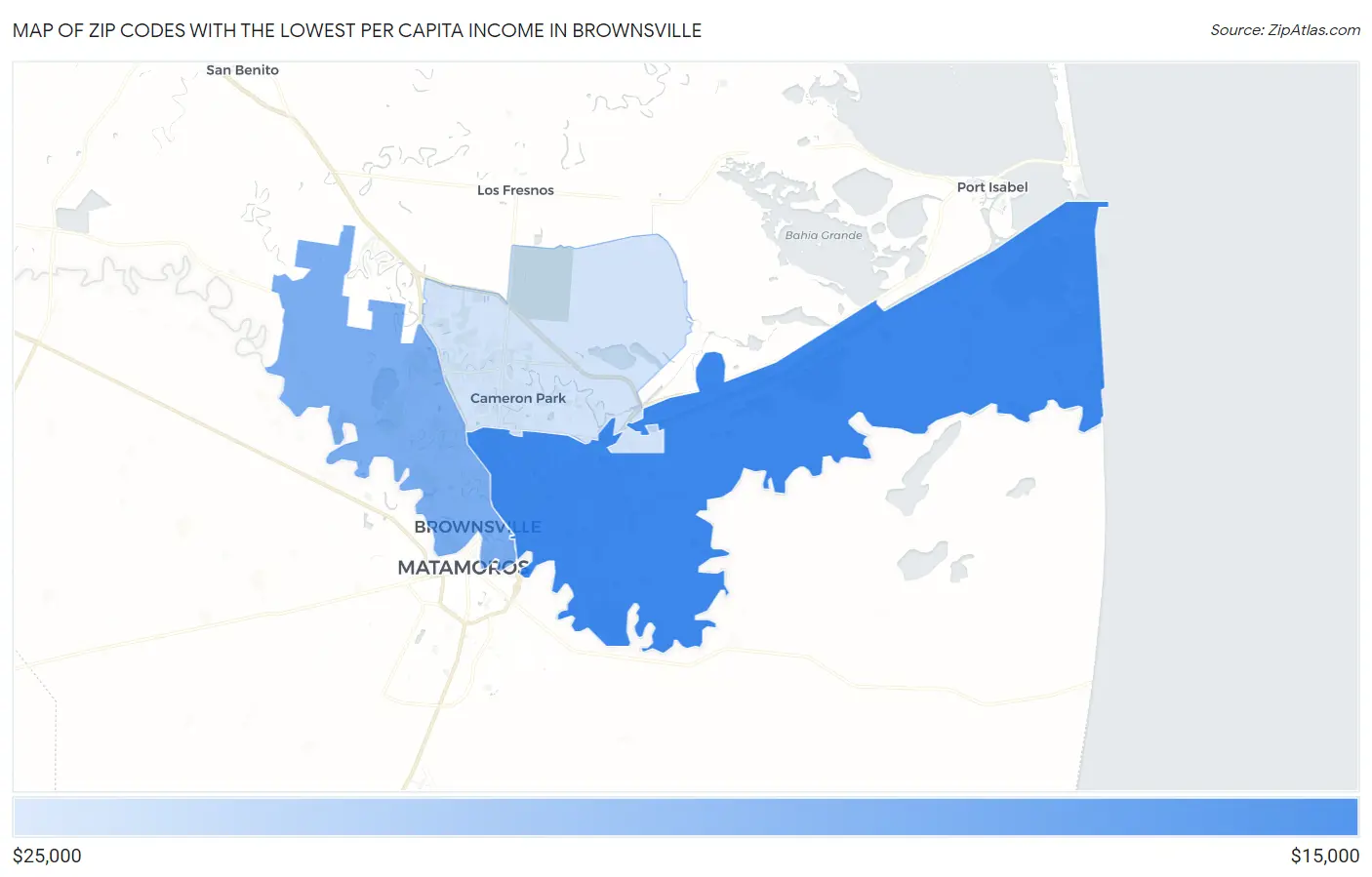 Zip Codes with the Lowest Per Capita Income in Brownsville Map