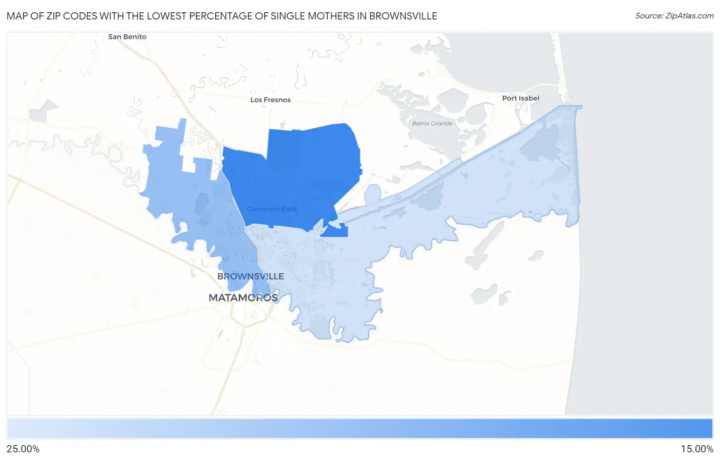 Zip Codes with the Lowest Percentage of Single Mothers in Brownsville Map