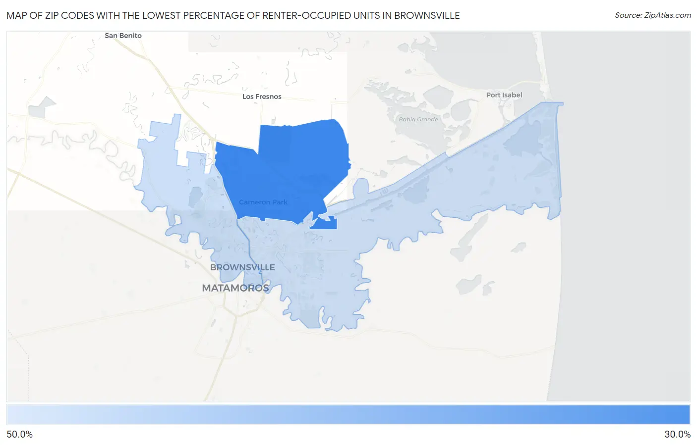 Zip Codes with the Lowest Percentage of Renter-Occupied Units in Brownsville Map