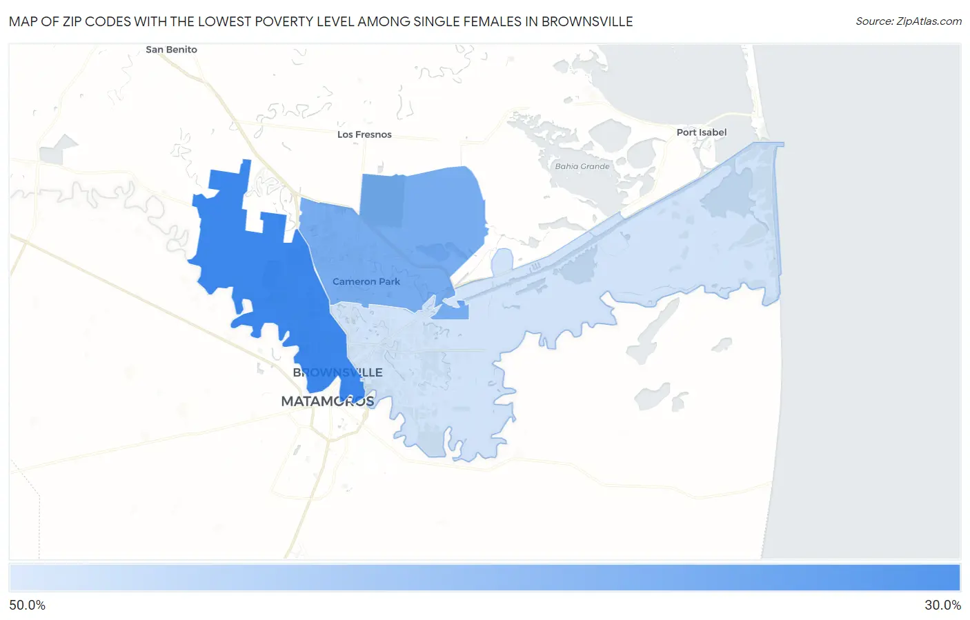 Zip Codes with the Lowest Poverty Level Among Single Females in Brownsville Map