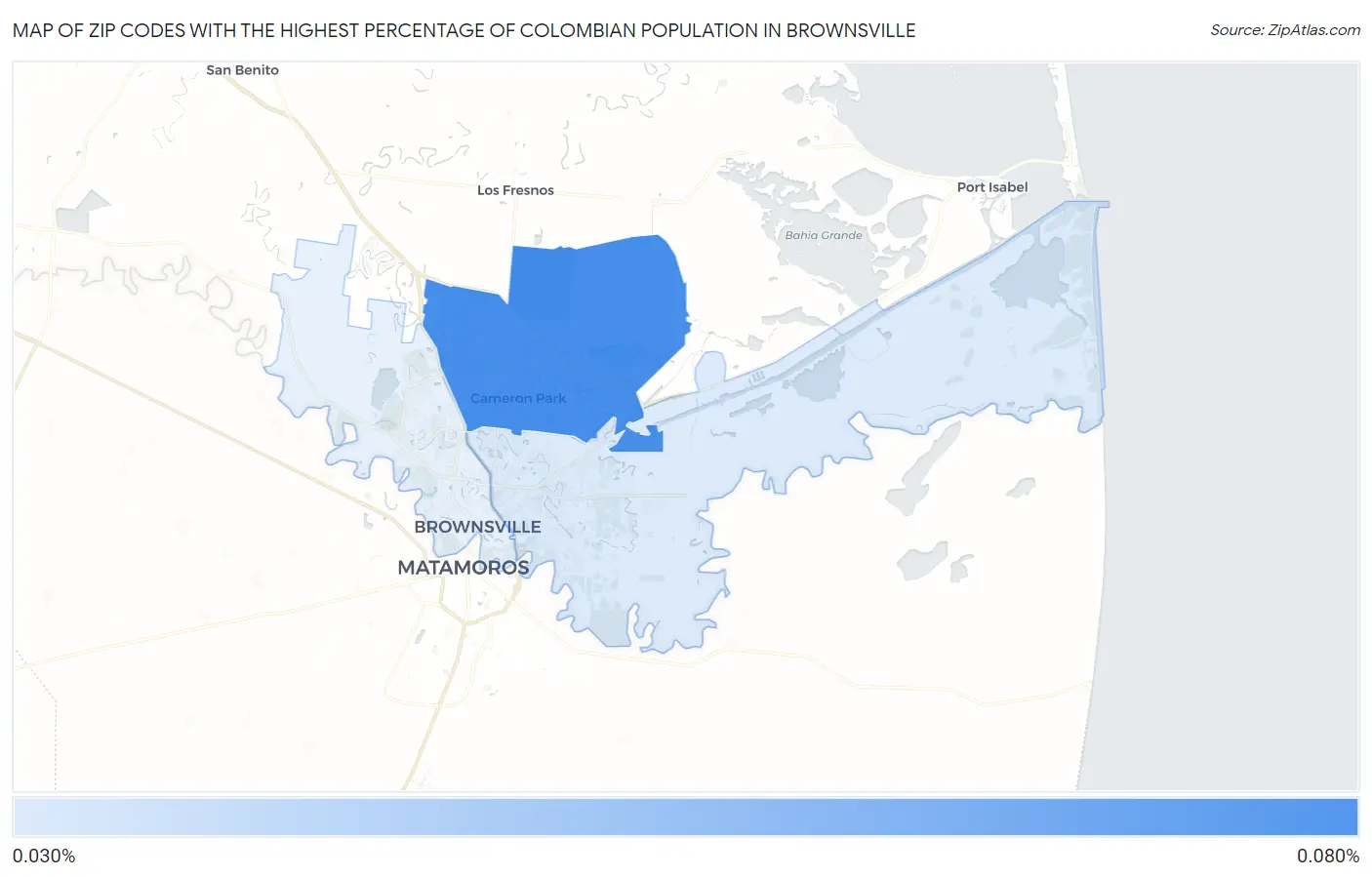 Zip Codes with the Highest Percentage of Colombian Population in Brownsville Map