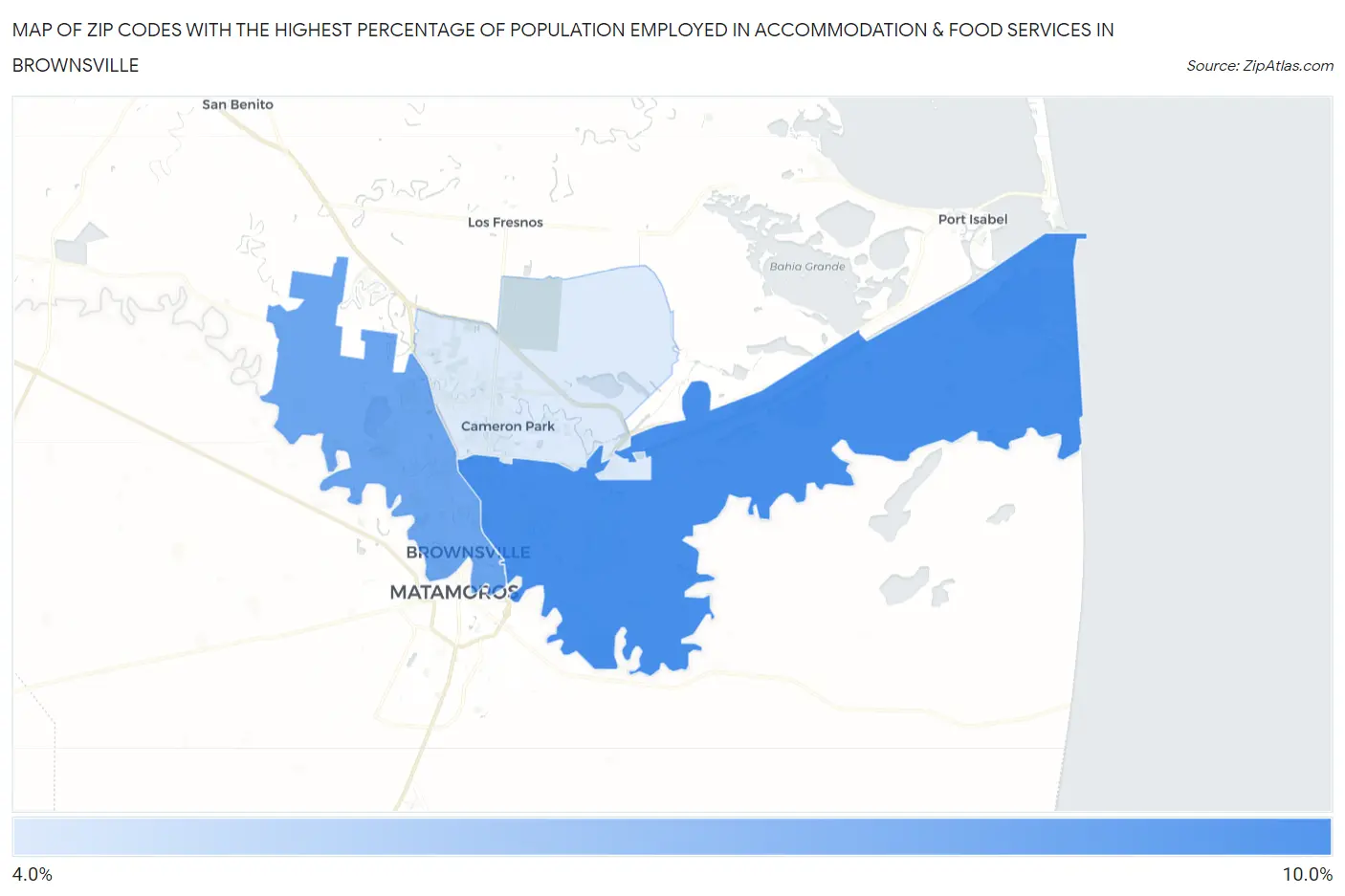 Zip Codes with the Highest Percentage of Population Employed in Accommodation & Food Services in Brownsville Map