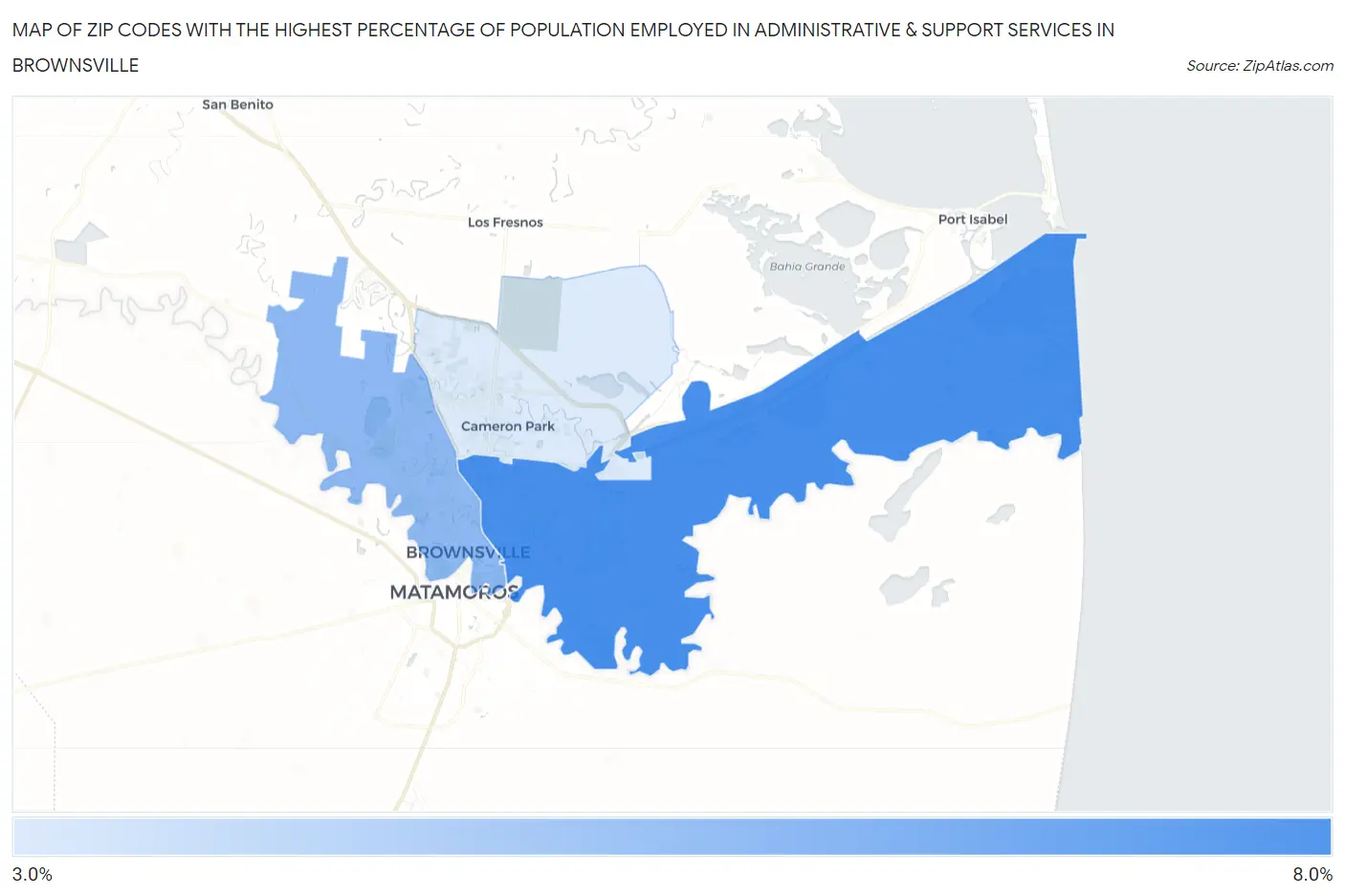 Zip Codes with the Highest Percentage of Population Employed in Administrative & Support Services in Brownsville Map
