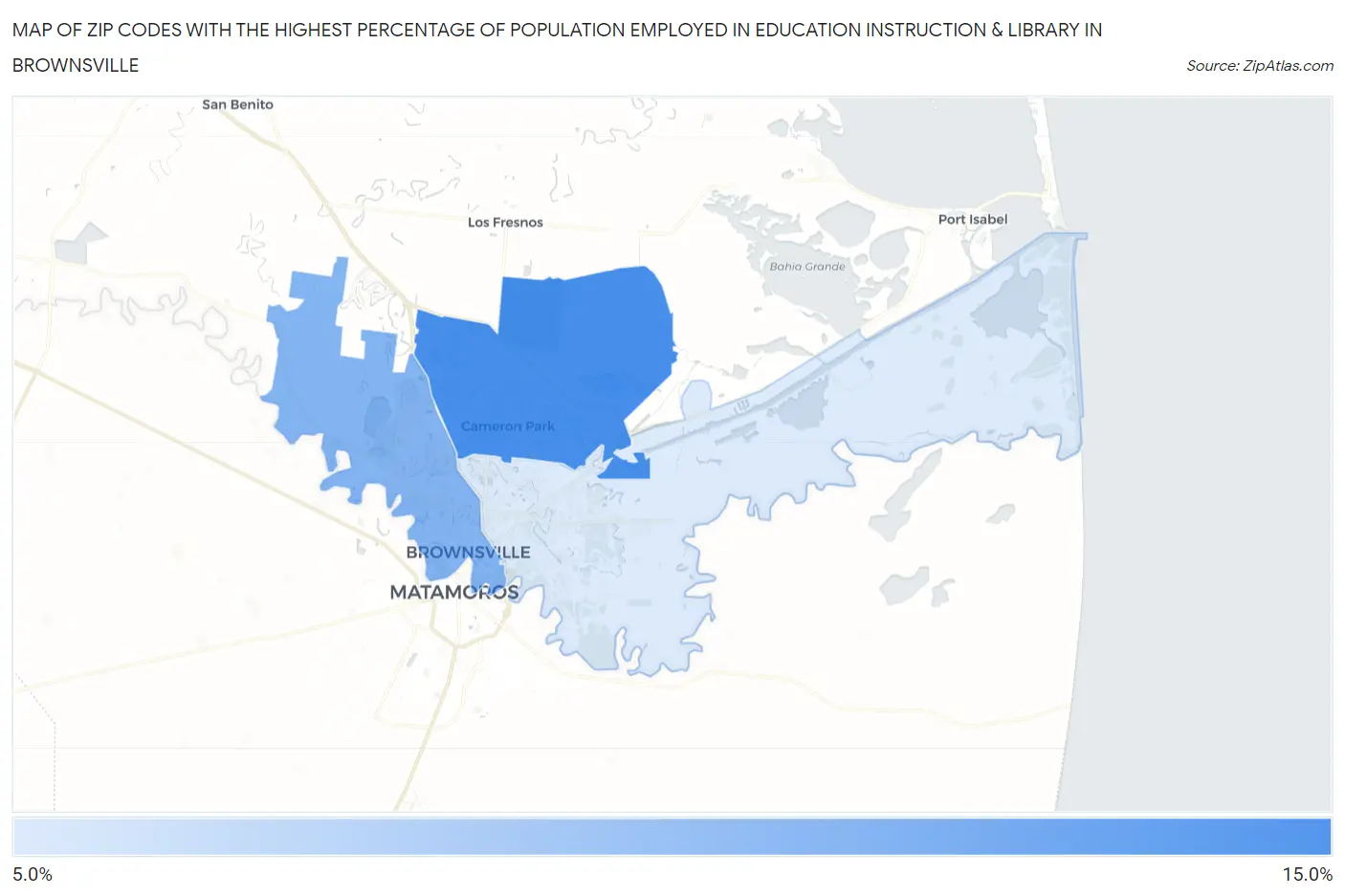 Zip Codes with the Highest Percentage of Population Employed in Education Instruction & Library in Brownsville Map